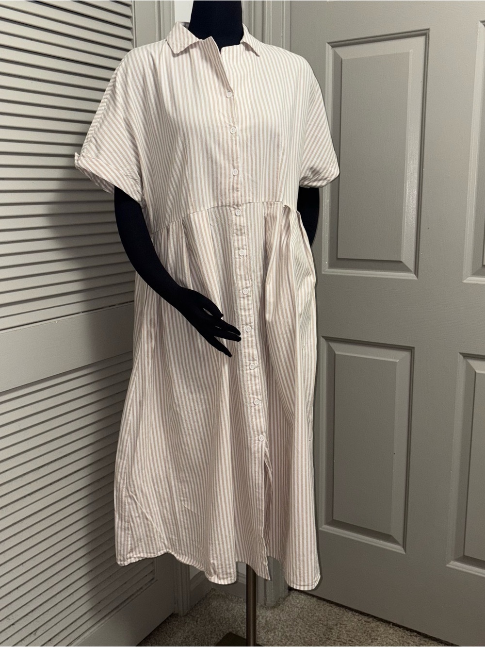 Striped Button-Front Midi Dress in Cream and Beige